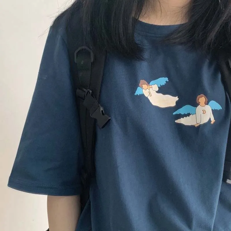 

T-shirt Women Korean Cartoon Print Tops Simple Ulzzang Chic Short Sleeve Tee