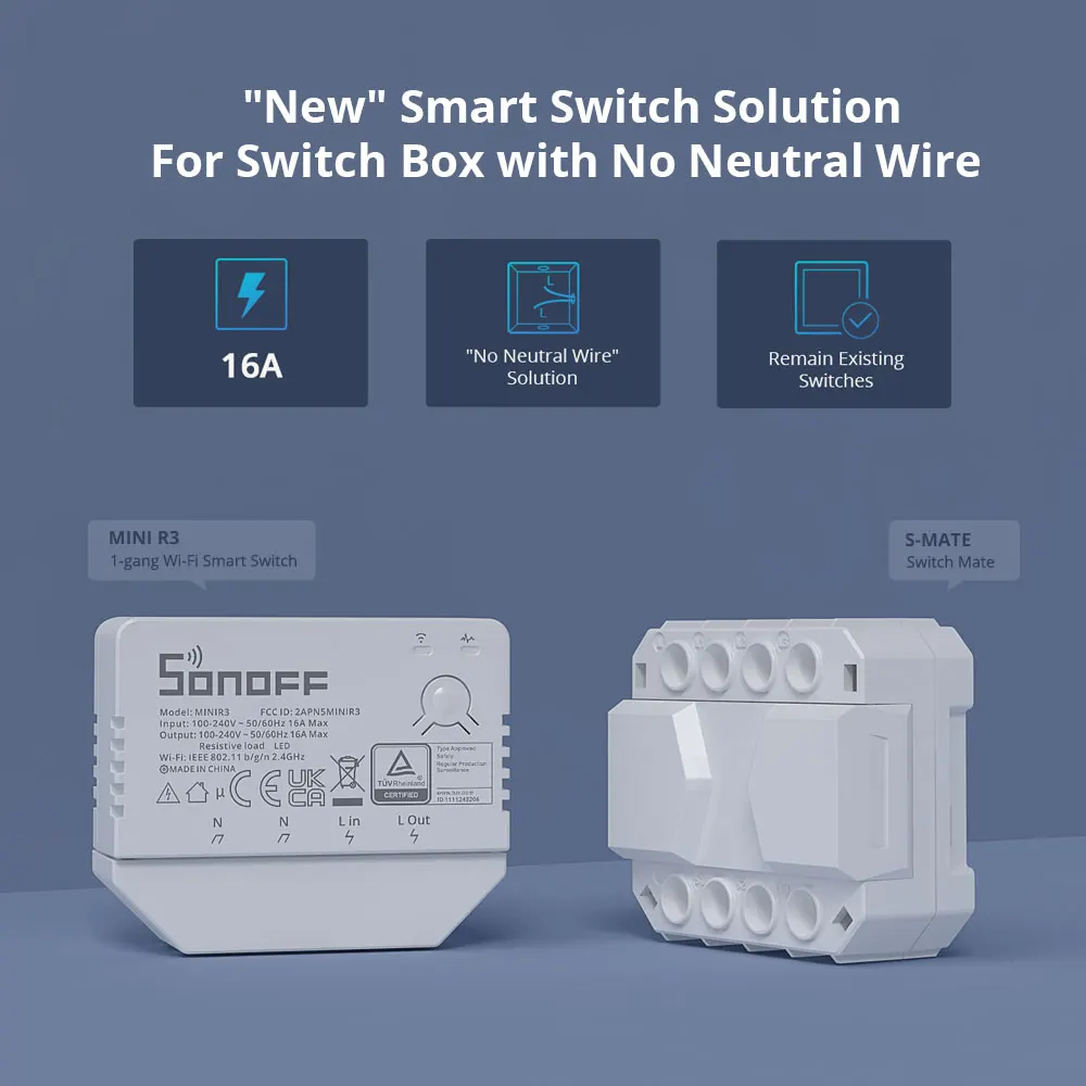 smart wall switch SONOFF MINI R3 16A Wifi Bluetooth Smart Switch with S-MATE Switch Mate No Neutral Wire Remote Control Work for Alexa Google home electric switch cap