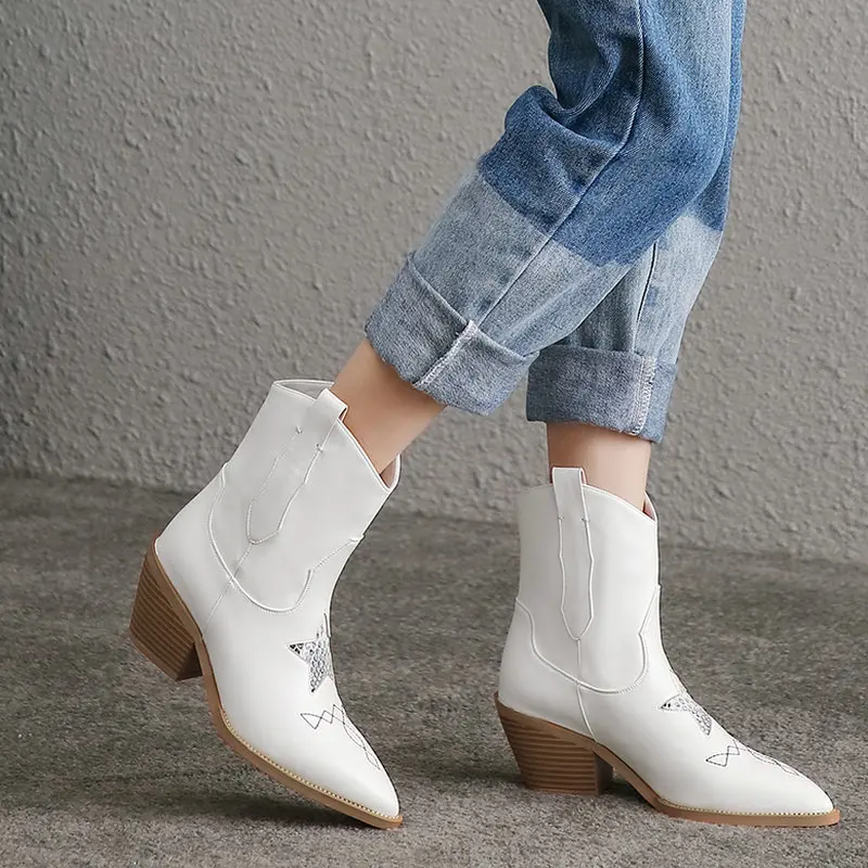 

Black White Faux Leather Cowboy Boots Autumn Women Boots Wedges High Heel Ankle Boots Pointed Toe Winter Western Cowgirl Boots