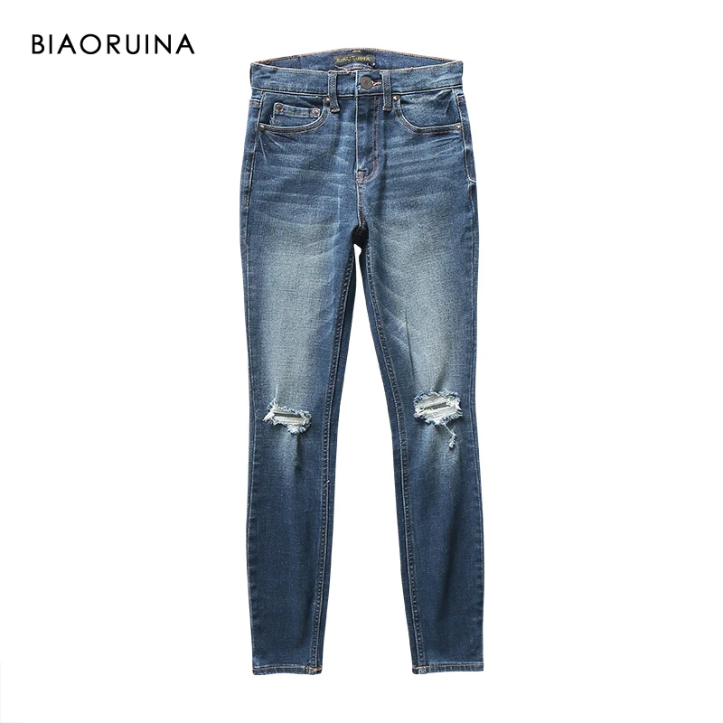 

BIAORUINA Women's Washing Bleached Fashion Pencil Jeans Female High Waist Scratch Holes Ankle-Length Jeans New Arrival