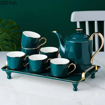 

Household tea set 8 piece suit simple Northern Europe Dark green ceramic teacup Coffee cup Ceramic tray Kungfu tea set