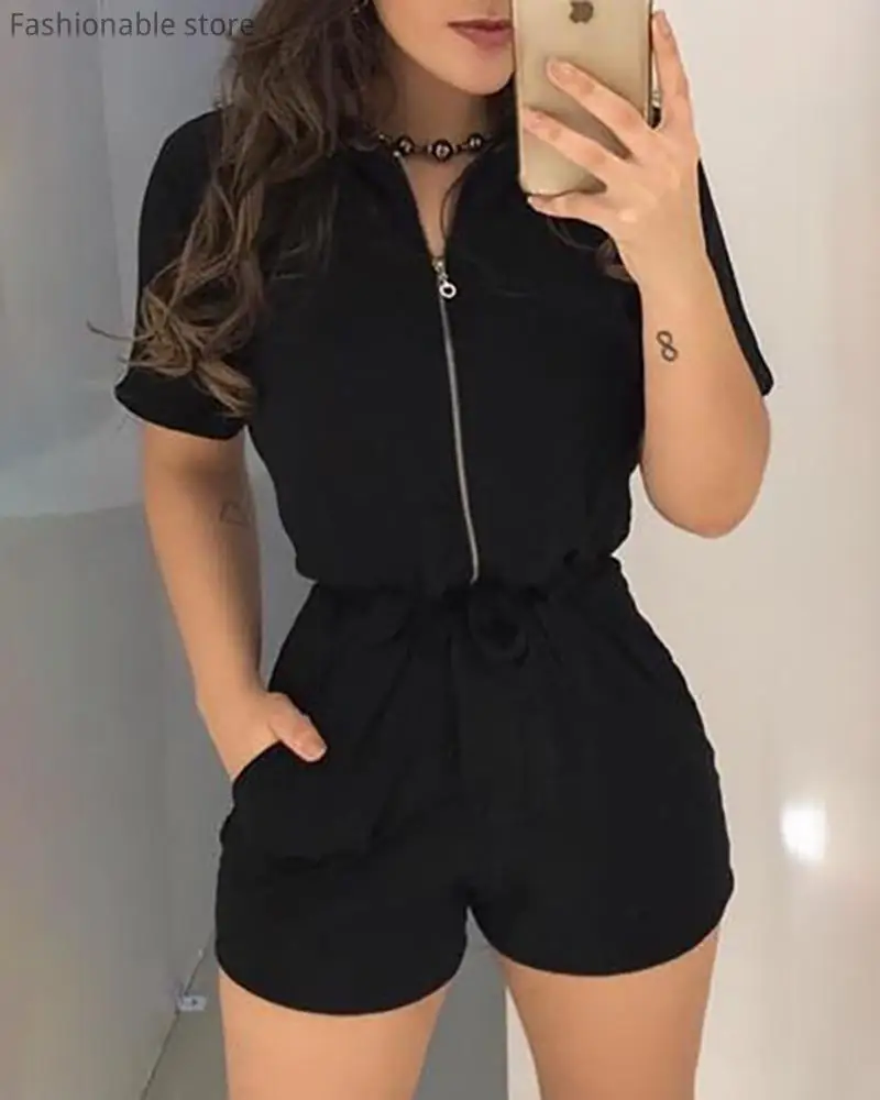 

Summer Short Sleeve Zipper Front Rompers Women Black Turn Down Collar Casual Playsuits