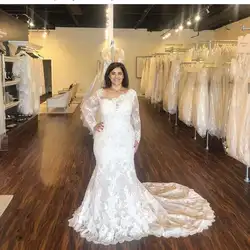 2020 размера плюс свадебное платье Русалка для невесты длинный рукав кружева аппликации развертки Поезд vestido de noiva Белый цвет слоновой кости