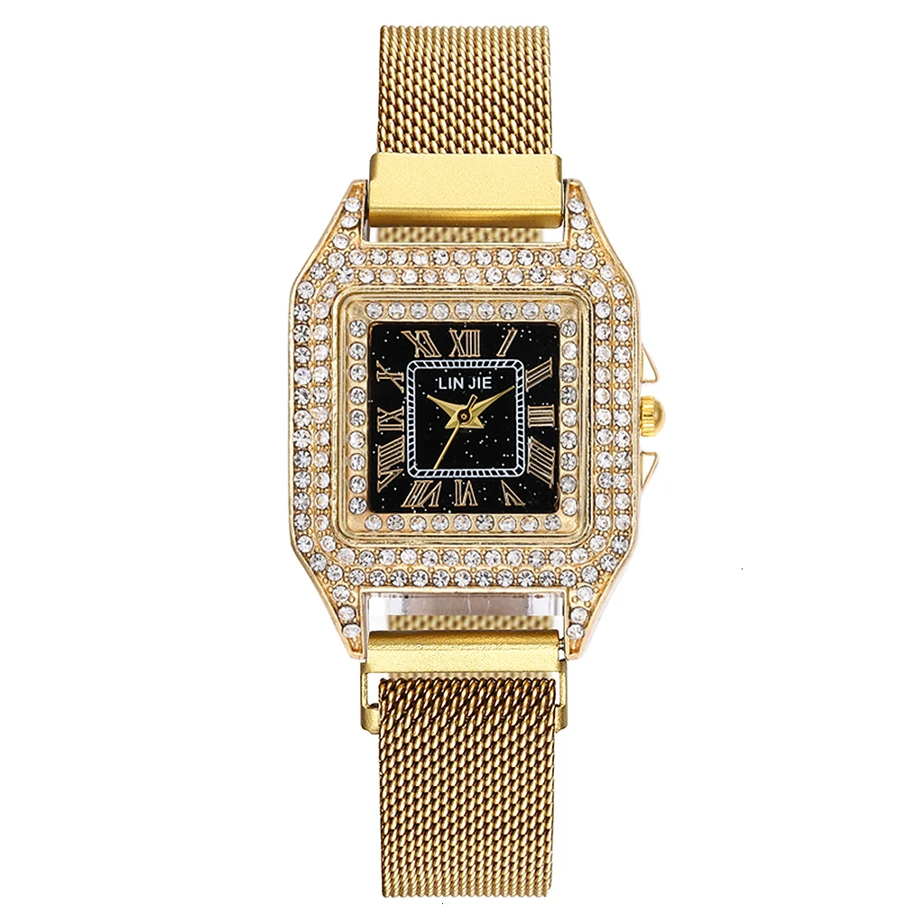 Women Magnet Buckle Square Case Shape Diamond Watch Luxury Ladies Stainless Steel Belt Quartz Watches Gift Clock