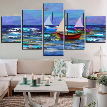 

5 Pieces Ship Canvas Oil Paiinting Boats Posters Sea Wallpapers Ocean Pictures Wind Blue Artwork For Home Room Improvement Decor