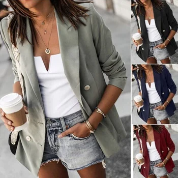 

women fashion blazer spring solid color long-sleeved casual buttons slim short small suit jacket female offie lady