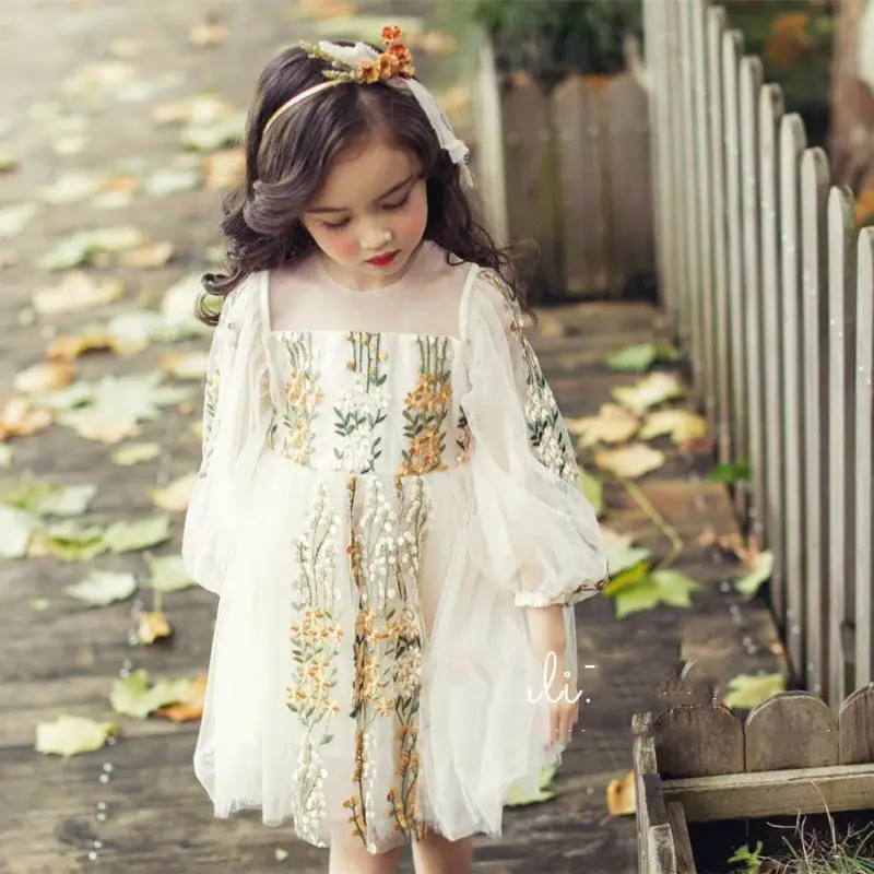 Детские платья для девочек; милое кружевное однотонное детское платье с длинными рукавами-фонариками; бальное платье с круглым вырезом; вечерние платья принцессы с вышивкой