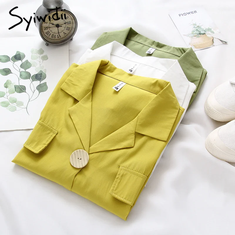 

Fashion Women Blouses Vintage Women Long Sleeve Shirts Big Chic Button Lantern Sleeve Notched OL Tops Yellow Green White Blouse