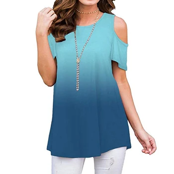 

Women T-shirt Gradient Short Sleeve O Neck Off Shoulder Tee Shirt For Ladies Casual Loose Tops Hollow Out Tshirt Camiseta D30