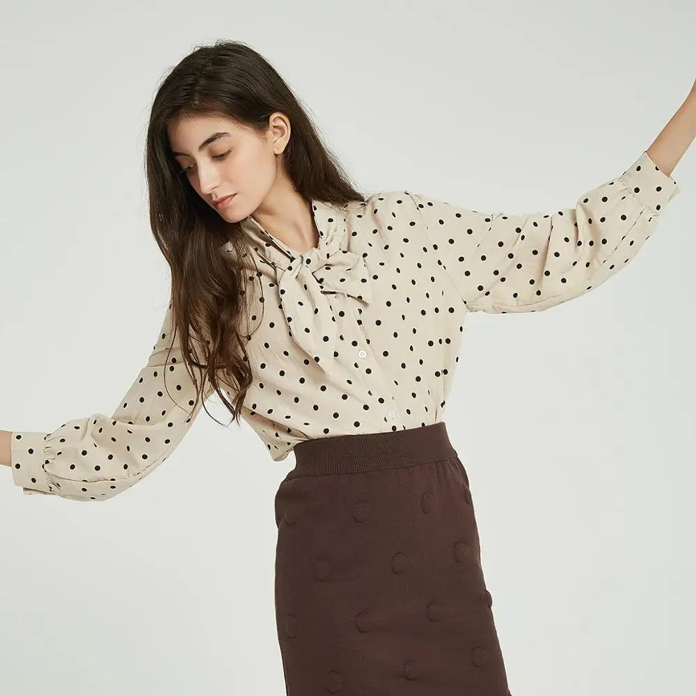  Wixra Women Lace-up Blouse Ladies Long Sleeve Dot Print Loose Shirts 2019 Autumn Spring Tops Ladies