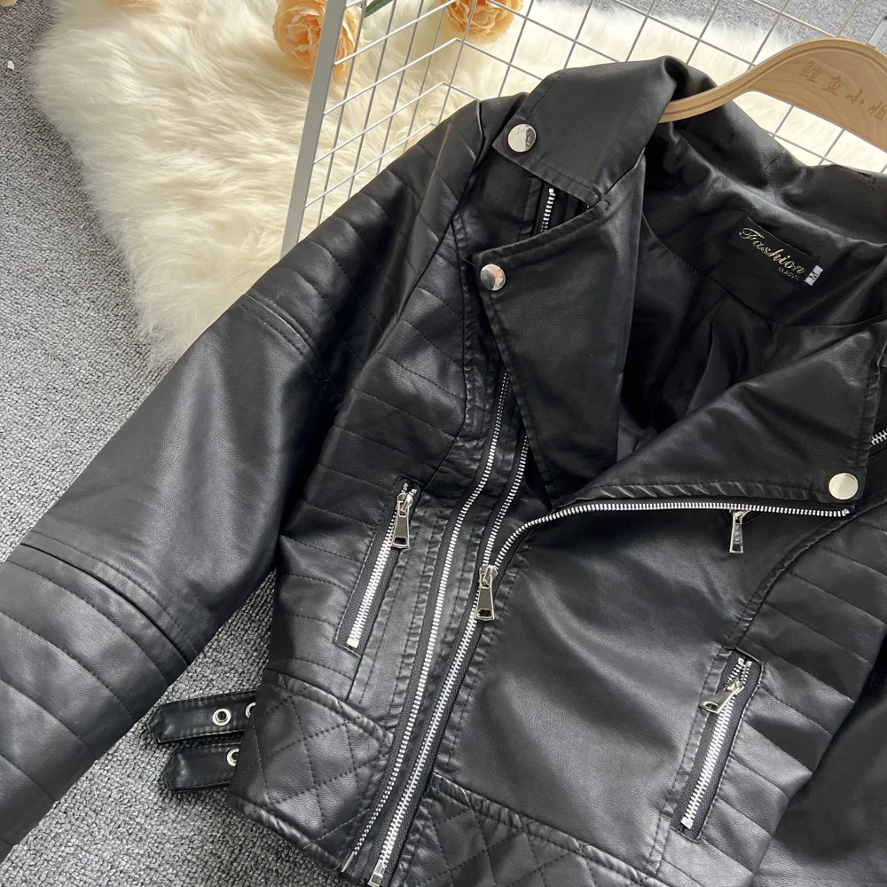 Women Faux Leather Jacket Autumn New Ladies Notched Collar Zipper Slim Black Pink Pu Leather Jacket Fashion Motorcycle Jacket black down jacket