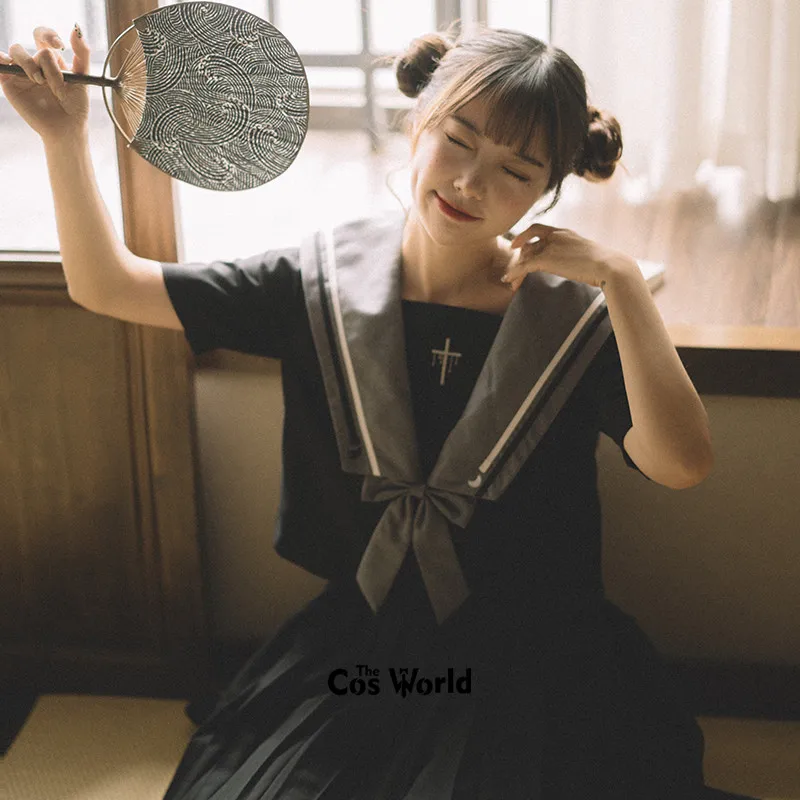 Black Summer Navy Sailor Suit Tops Skirts JK High School Uniform Class Uniform Students Cloth japanese school uniform