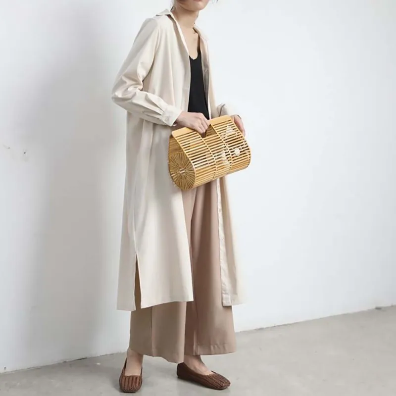 

2020 Women Natural Bamboo Handmade Bag Large Nest Basket Hollow Tote Oval Beach Bag (With Scarf) New