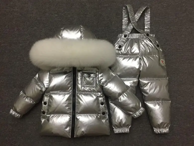 -30 1-14Y Russian Snowsuit Children Sets White Down Boys Waterproof Clothing Kids Coat Winter Jacket Girls Big Real Fur Parka