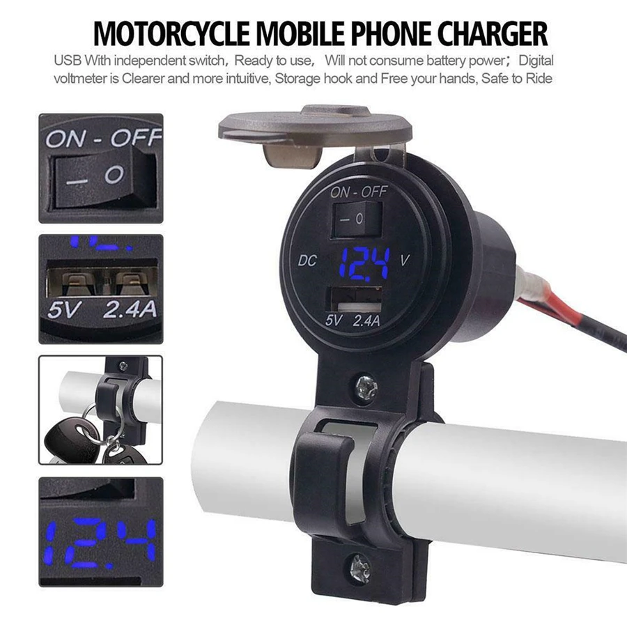 12V мотоцикл 2.4A USB зарядное устройство для телефона светодиодный вольтметр крепление на руль с монтажным кронштейном