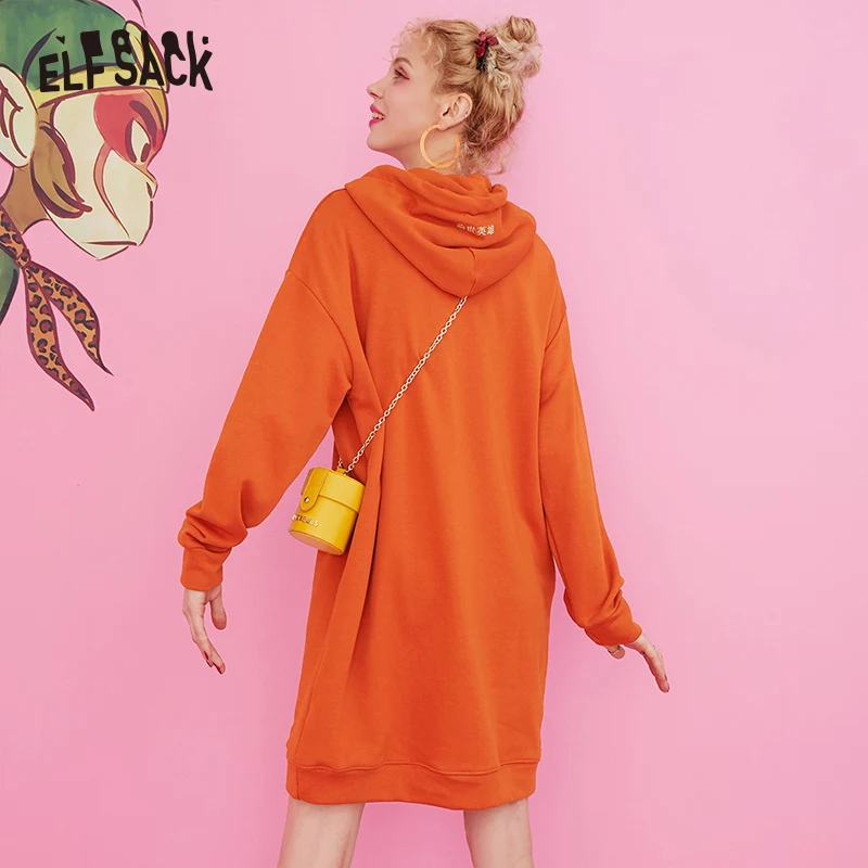 ELFSACK, оранжевое Повседневное платье с капюшоном и принтом, женская одежда, осень, черные женские короткие платья больших размеров