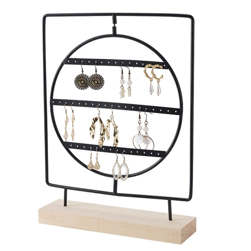 

Jewelry Display Storage Rack with Wooden Base Earrings Holder Metal Stand Jewellery Earring Organizer Table Decoration