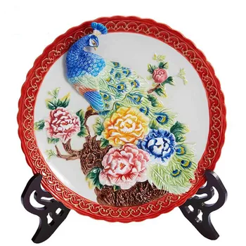 

Ceramic Wall Plate Handpainted Peacock and Peony Decorative Hanging PlateTabletop Holder Home Decor Collectibles Souvenir Gift