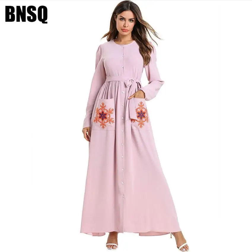 pink Муслима вышивка сшивание халаты Musulmane однобортный cardingan Abayas мусульманское служение одежды wq1217 - Цвет: pink