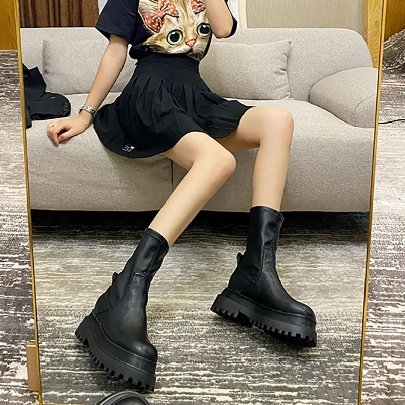 Gothic Style Shoes 2020 Autumn Elastic Punk Short Boots Women's Net Red Short-Height Long Thick Bottom Increased Thin Boots