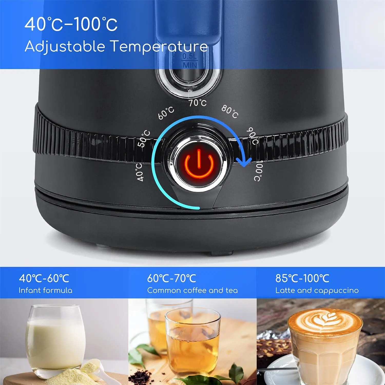 Aigostar Loki - Hervidor de Agua con Regulador de Temperatura Regulable  40°C a 100°C, Hervidor Eléctrico Acero Inoxidable 1,7 L, 2200W con Pantalla  LED, Función de Calentamiento, Libre de BPA, Negro 