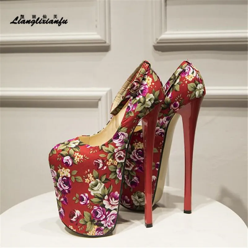 

LLXF Crossdresser shoes zapatos mujer sexy Fetish Stiletto 22cm thin heels platform Buckle women wedding Pumps Plus:34-45 46 47