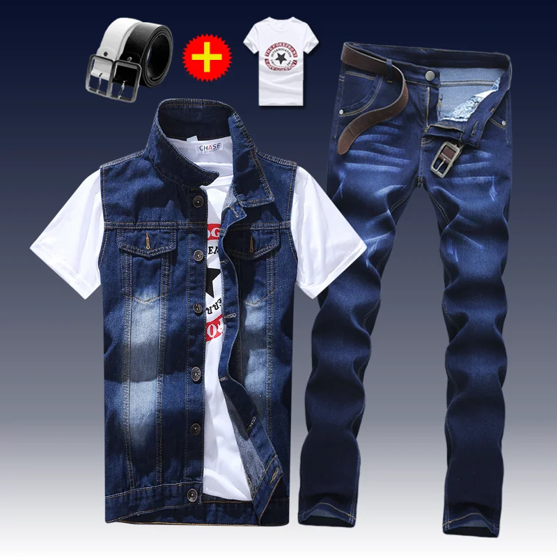 2021 New Thin Mens Vest Trousers 2pcs Set Denim Waistcoat Pencil Pants Casual Boys Slim Fit Single Breasted 2