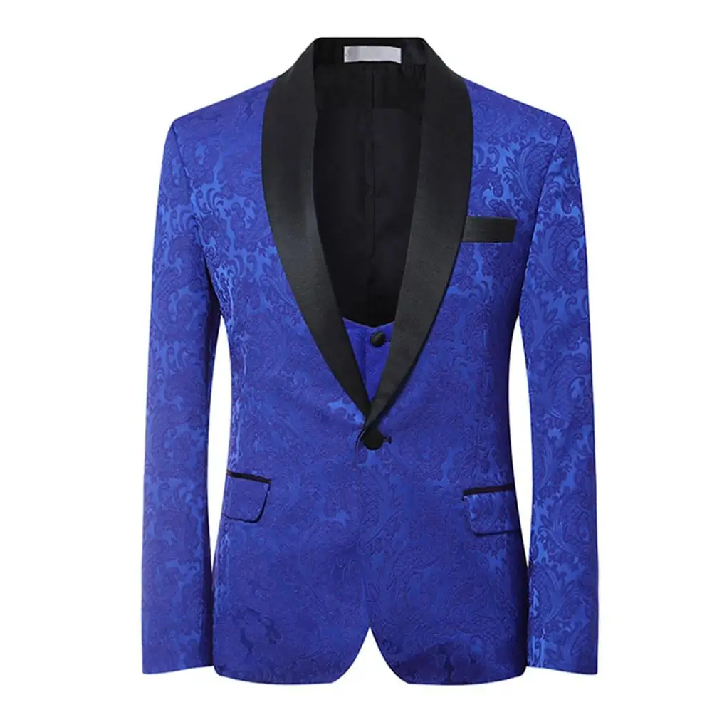 Blue Men Suits Casual Three Pieces Men's Suits Black Collar Jacquard One Button Suits for Prom Wedding Bride Groom - Цвет: as shown