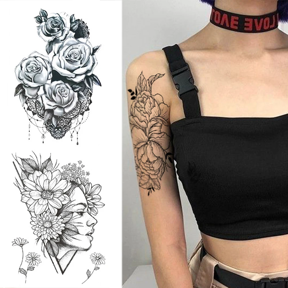 1 шт. de moda las mujeres chica tatuaje temporal etiqueta negro diseño rosas flor llena Body art para brasos grande fals | Красота и