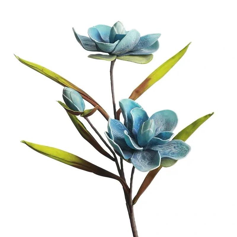 Blue Magnolia Сделай сам Проекты домашний Свадебный декор для отеля искусственная Цветочная композиция HDPE материал 2 головки 1 бутон посадка цветок магнолии ветка - Цвет: Blue Magnolia