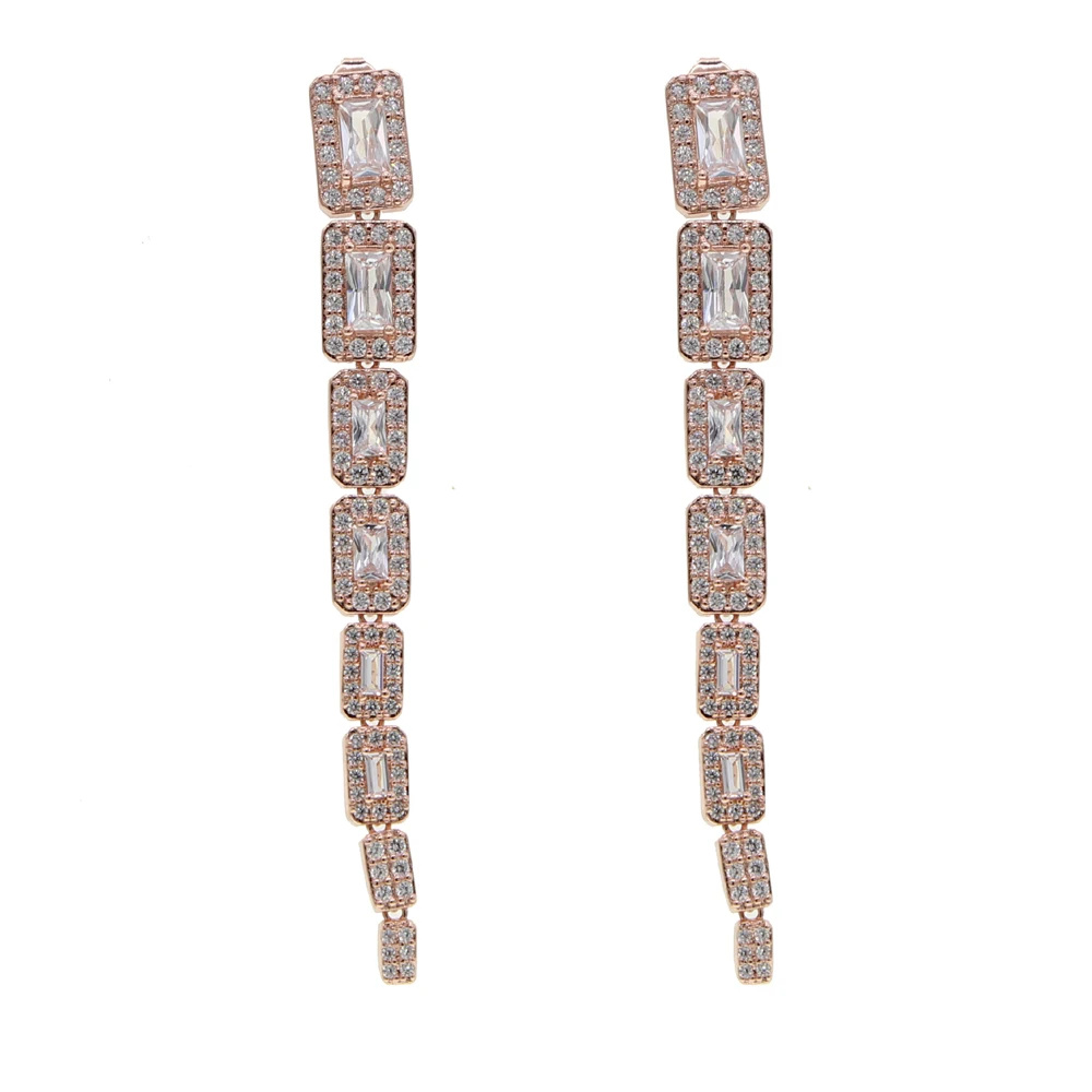 

Trendy Big &Small Rectangular Long Earring Geometric Oblong String Statement Drop Earring White Stone Pave Party Wedding Jewelry