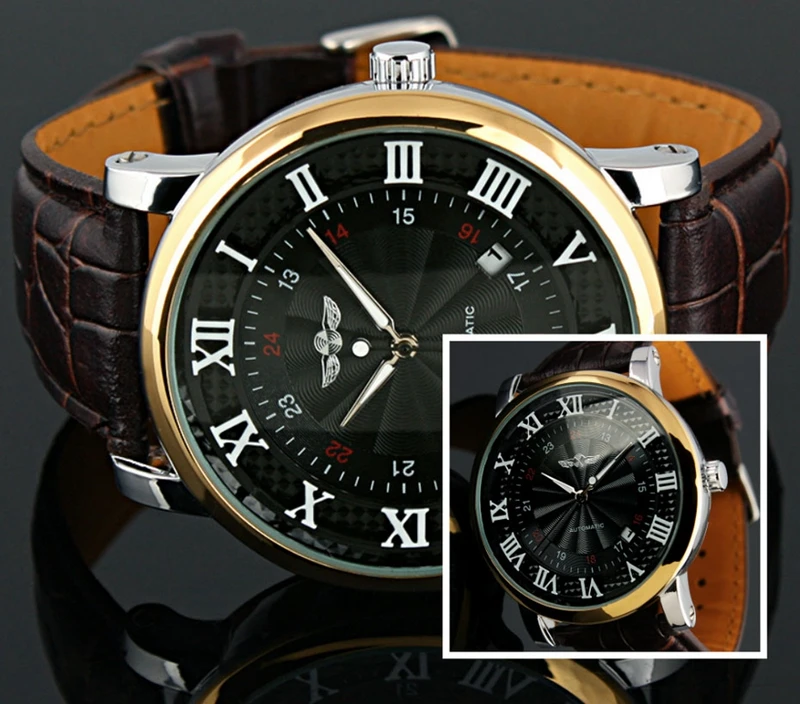 WINNER Top Brand Gold Sport Wristwatches Rome Number Fashion Men Self wind Automatic Mechanical Calendar Leather Watch Clock