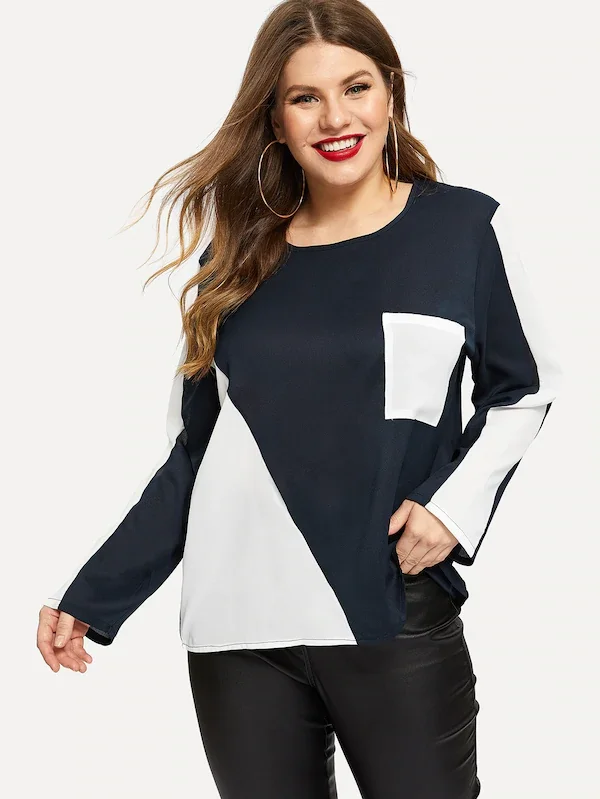 

Plus size 6xl Summer Women Blouse Long Sleeve O-Neck Patchwork New Casual Chiffon Full Pockets 5XL tops XXXXLShirts