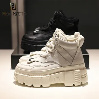 

Prova Perfetto Genuine Leather Thick Bottom Sneakers Platform Shoes Woman Ankle Boots Knight Motorcycle Boots Zapatos De Mujer