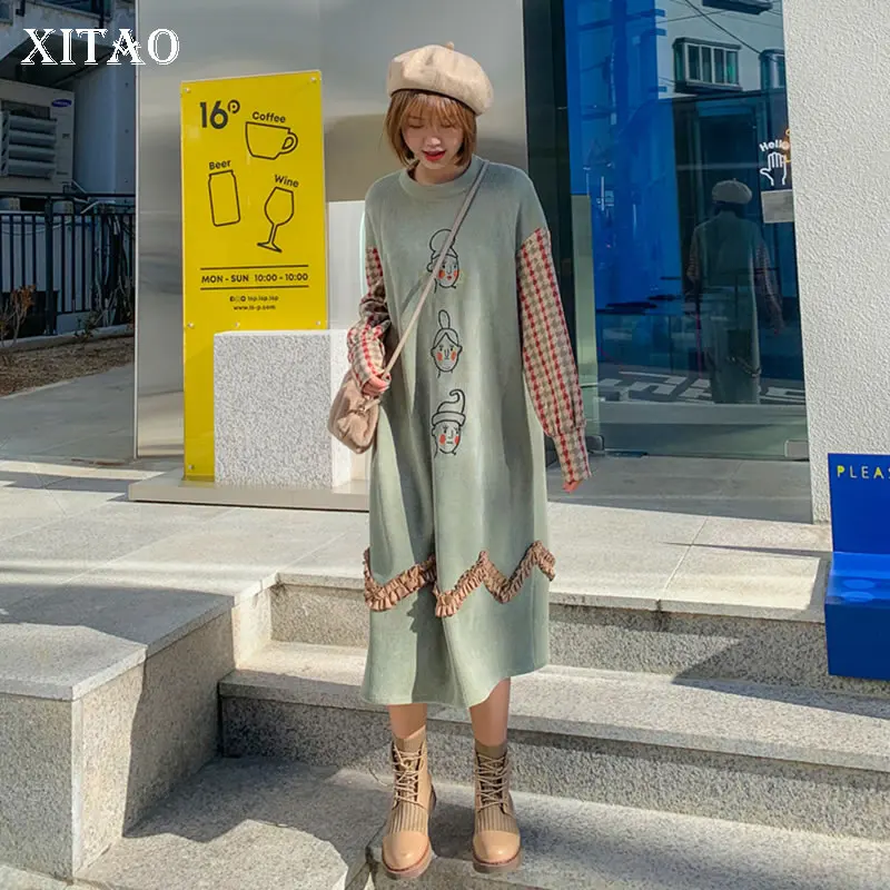 XITAO/милое платье с мультяшной вышивкой для женщин; свободные Модные платья с длинными рукавами; изящная трендовая женская одежда; DMY2555
