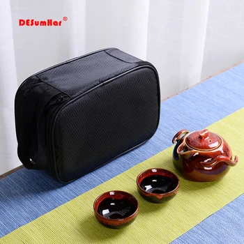 

Colorful Jun Kiln tea set 1 Teapot 2 cups,Penguin pot puer teapot kettle Coffee Cup Chinese Travel Ceramic Portable Teaware set