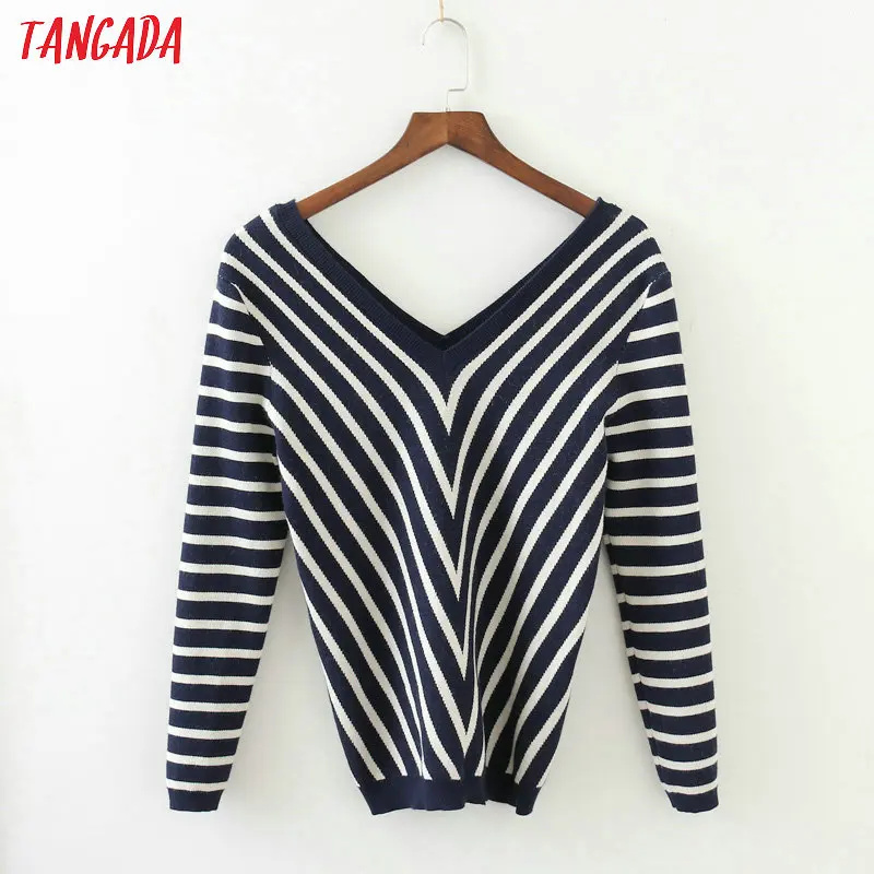 Tangada women chic striped sweater long sleeve deep v neck fashion korean autumn sweater pullovers female 3N21