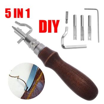 

5in1 DIY Leather Stitching Crease Tool Set Adjustable Wood Leathercraft Splicing Slotted Stitching Crease Hand Edge Trimmer Tool