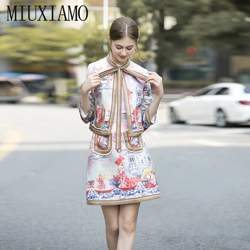 MIUXIMAO, лучшее качество, осень, офисный женский костюм-двойка, элегантный перламутровый топ с длинным рукавом+ роскошная юбка с цветочным принтом, костюмы для женщин, Vestido