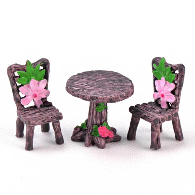 Fairy Garden Miniature Doll House Wood Look 3pc Set Table And Chairs Flowers NEW