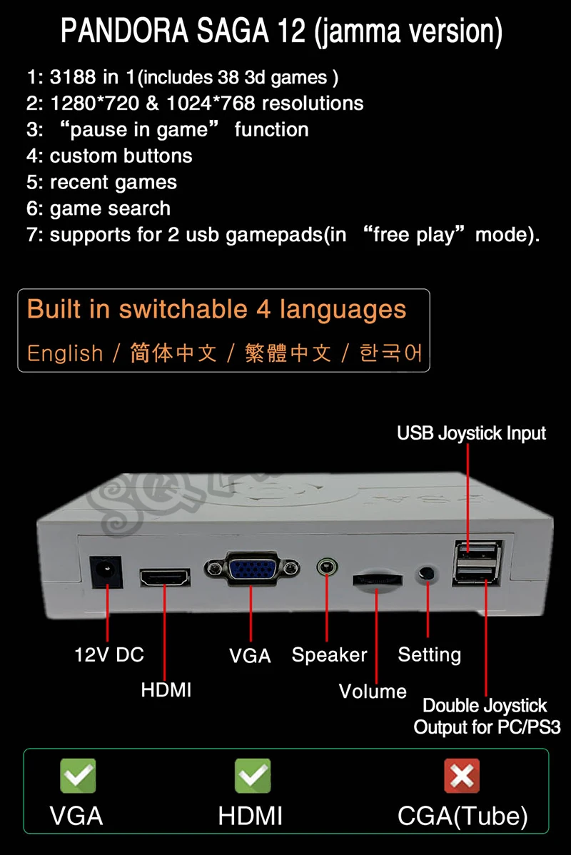 Pandora XII 3188 в 1 настольная коробка 12 аркадная версия Jamma доска для аркадного шкафа машина с монетоприемником HD видеоигры HDMI VGA