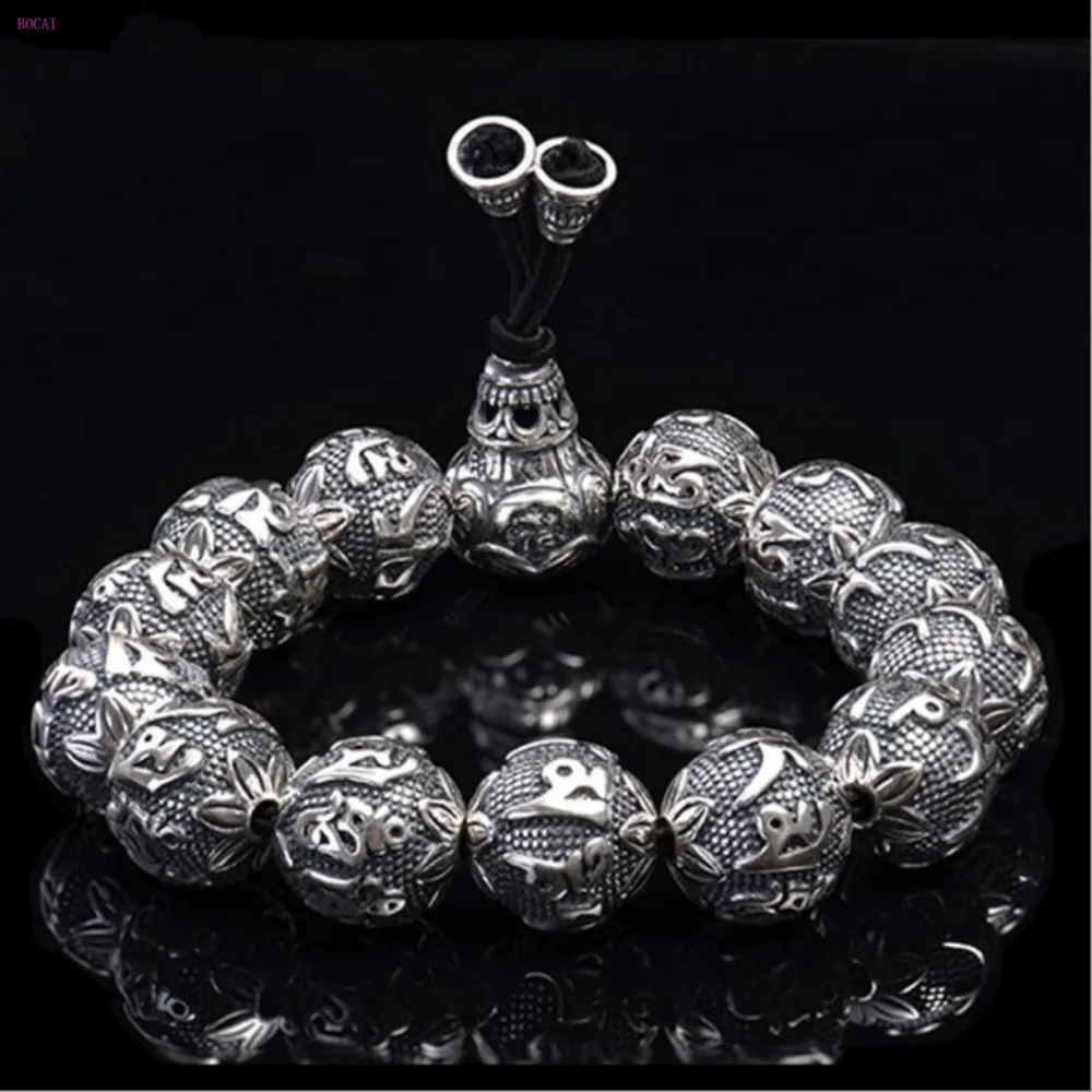 Чистое серебро, шесть символов, настоящие слова, Будда, браслет из бисера, буддистские четки, браслет, тайское серебро, ретро серебряный браслет, S990 серебро