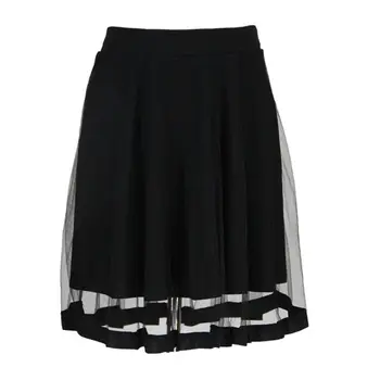 

Womens Summer High Waist Pleated Swing Knee Length Tutu Skirt Sheer Mesh Patchwork Solid Black Color Lined Dance Party Petticoat