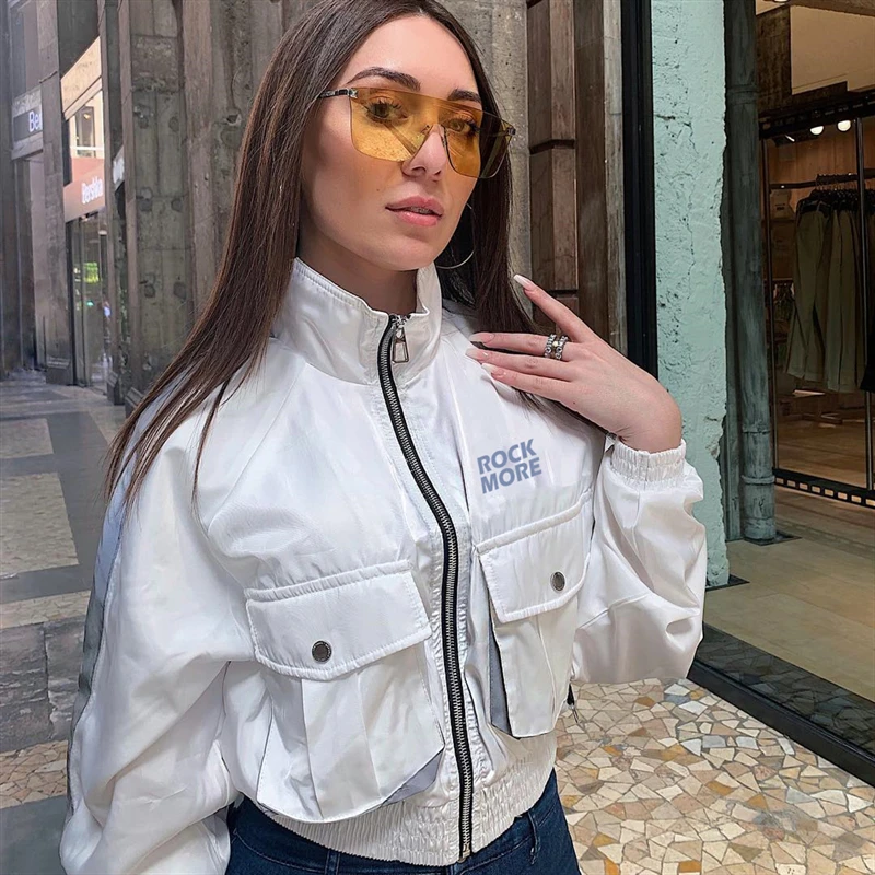 

Waatfaak Reflective Striped White Jacket Women Autumn Crop Jacket Loose Harajuku Jackets Streetwear Outwear Coat Long Sleeve