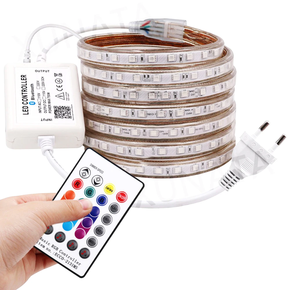

220V RGB LED Strip Music Light Remote Control 5050 SMD 60LEDs/m Waterproof IP67 Flexible Led Ribbon Tape Light Home Decoration