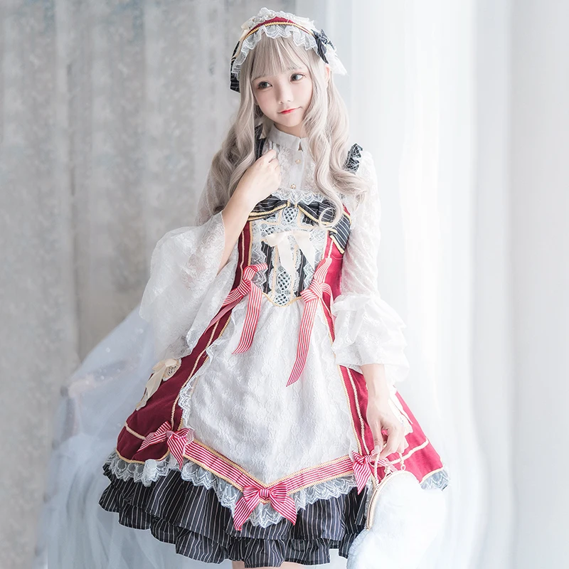 Готическое милое платье в стиле Лолиты Винтажное кружевное с бантом и вышивкой