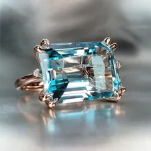 Huitan Solitaire 4 Claw Sky Blue Band Ring for Women Romantic Rose Gold Color Horizontal Rectangular Shape Fashion Girl Rings