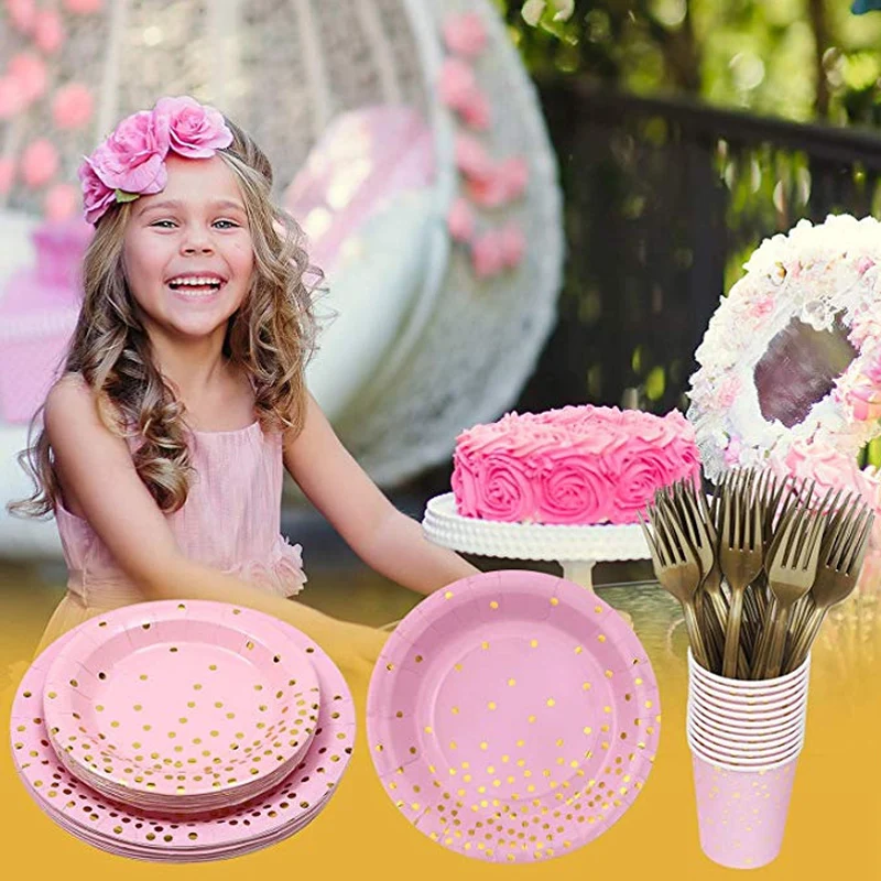 71Pcs Disposable Tableware Set Birthday Party Decorations Pink Paper