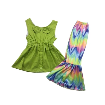 

green color top with tie dye pants matching boutique clothes girls summer outfit