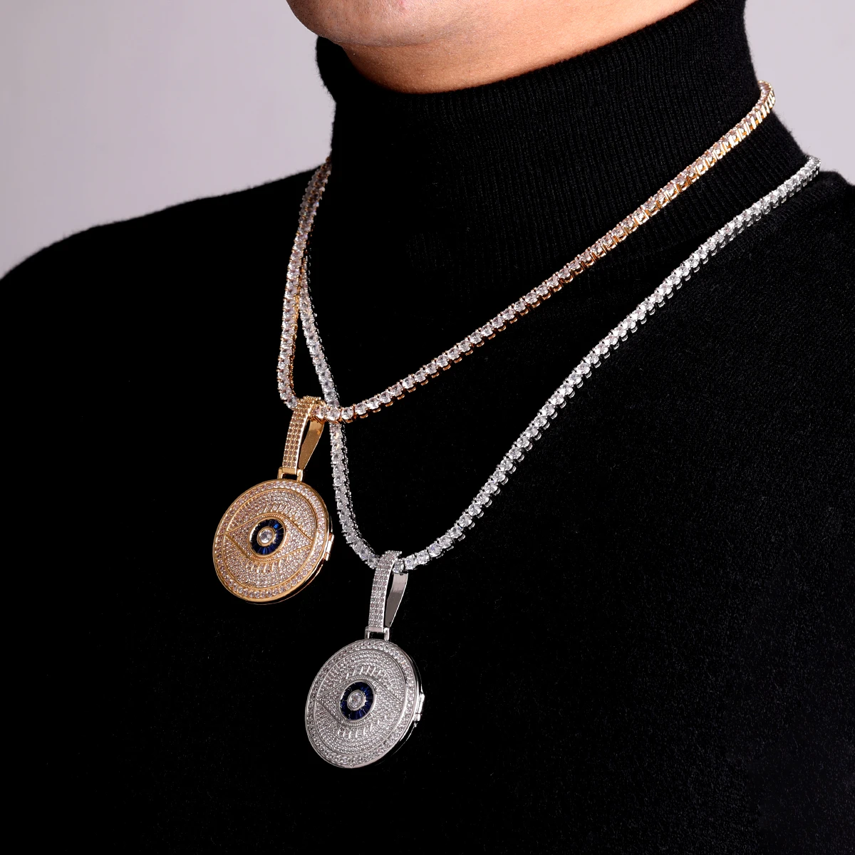 Drip Letter Custom Photo Necklace for Men Eye Round Circle Pendant Medallion Charms Hip Hop Fashion Jewelry 2022 Trend
